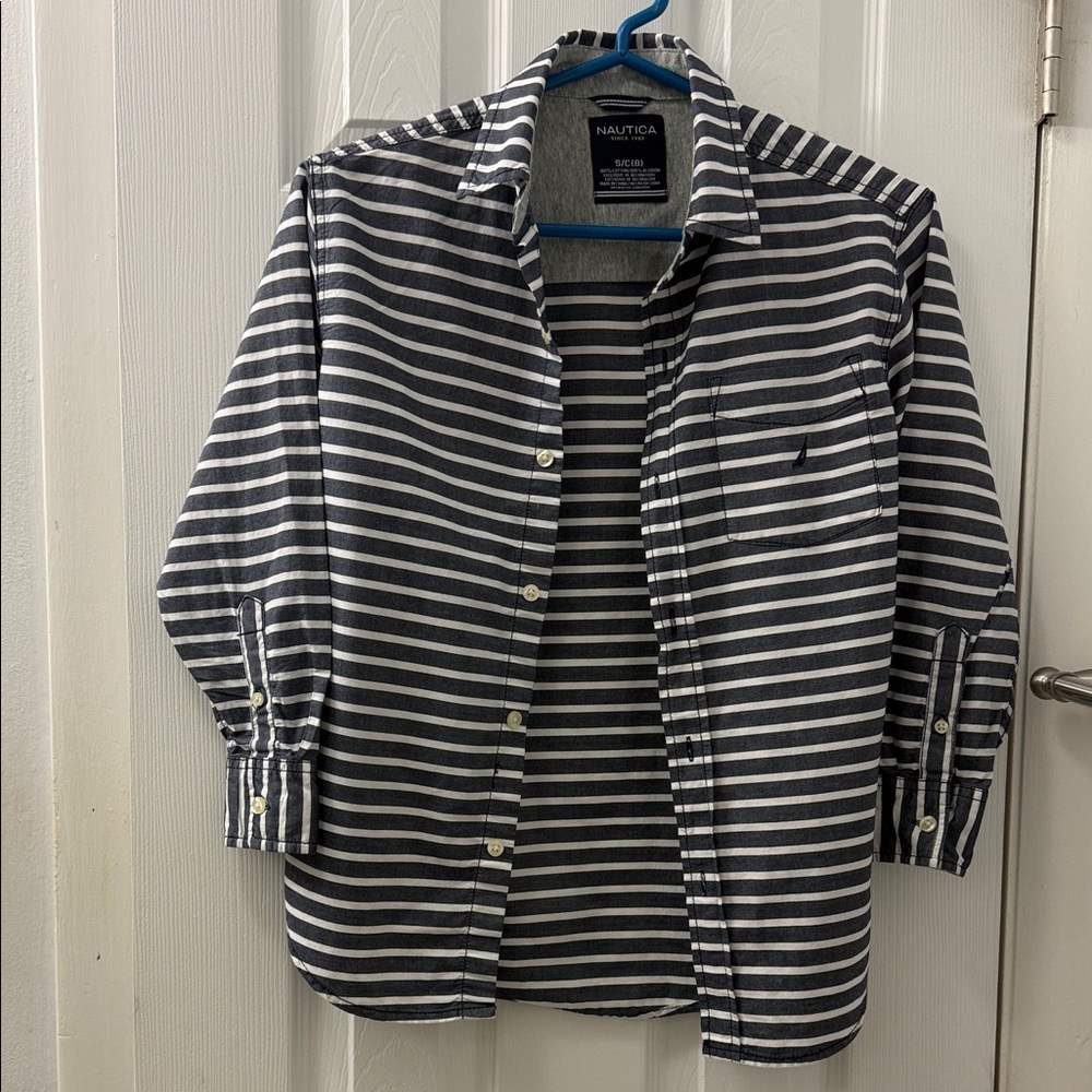 Nautica Boy’s Striped Shirt Jacket in Denim Blue and White